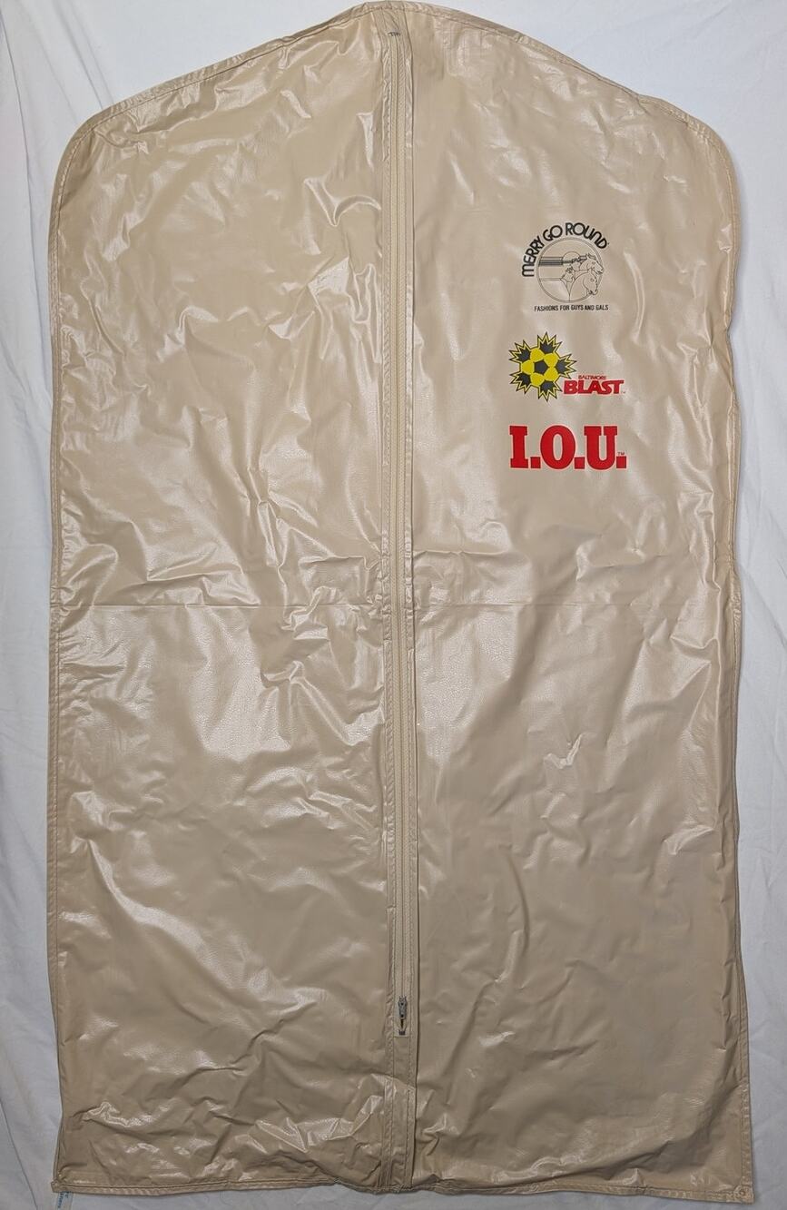 Vtg Merry Go Round Vinyl Garment Bag I.O.U. Baltimore Blast Soccer Retro Prop